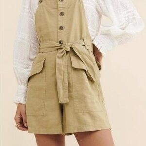 Urban Outfitters Khaki Utility Tie-Waist Romper Shortalls Linen Blend Medium
